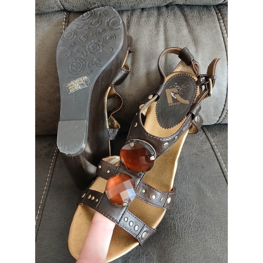 REPORT Brown Strappy Cork Heels Straps, Size 9 M Dressy Shoes Large Gems #1058